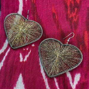 Large Heart Boho Woven Dangle Earrings with Gold Color Yarn